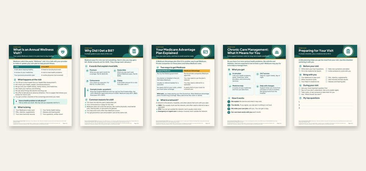 First pages of the five patient handouts